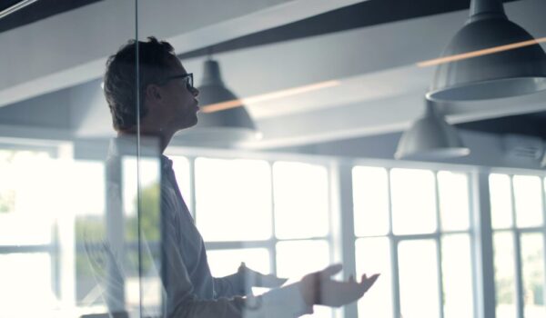 male employer gesticulating and explaining idea in light office